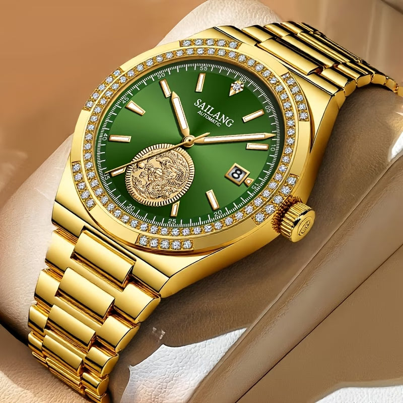 Montre à remontage automatique pour femmes, montre à main dorée, cadran vert avec dragon doré en relief, indicateur de date, en acier inoxydable doré, montre de luxe pour affaires