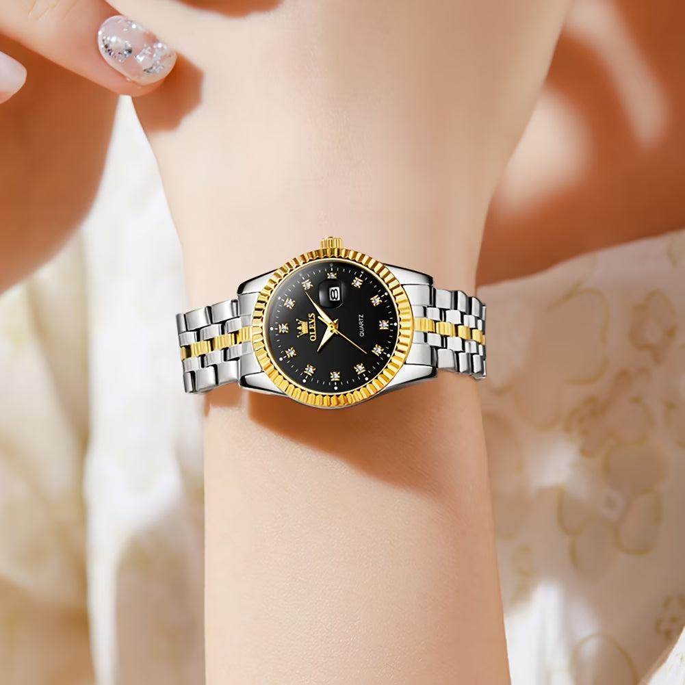 Montre pour femmes, Montre analogique à quartz pour femmes, montre élégante en acier inoxydable, montre lumineuse avec date et calendrier, montre romantique pour femme, cadran noir/blanc/argenté