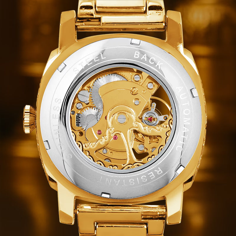 Montre mécanique automatique pour homme, style business polyvalent, bracelet en acier jaune, finement gravée avec chiffres romains