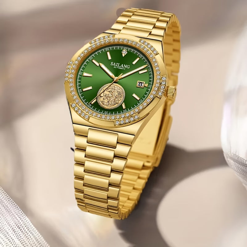 Montre à remontage automatique pour femmes, montre à main dorée, cadran vert avec dragon doré en relief, indicateur de date, en acier inoxydable doré, montre de luxe pour affaires