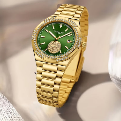 Montre à remontage automatique pour femmes, montre à main dorée, cadran vert avec dragon doré en relief, indicateur de date, en acier inoxydable doré, montre de luxe pour affaires