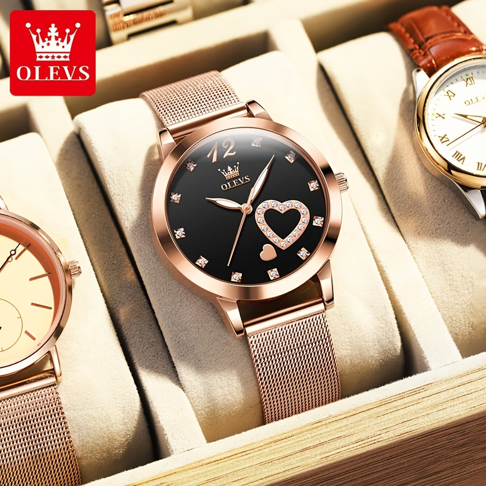 Montre Femme or rose doré avec strass, bracelet en maille, Coeurs Montres à quartz lumineuses pour femmes Montres-bracelets, Cadran noir/blanc/rouge/rose
