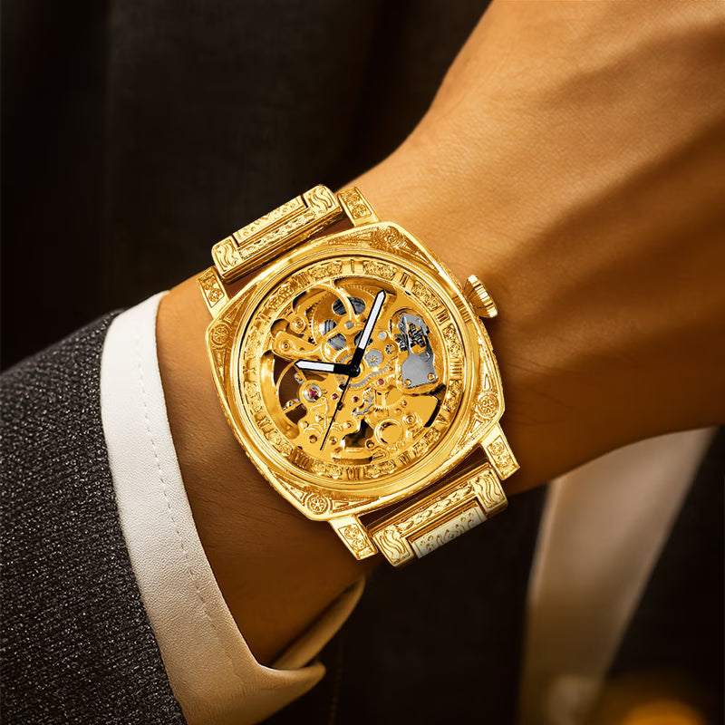 Montre mécanique automatique pour homme, style business polyvalent, bracelet en acier jaune, finement gravée avec chiffres romains