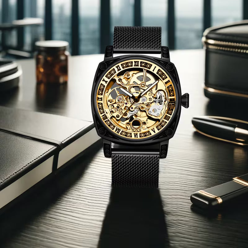Montre mécanique tourbillon entièrement automatique à décorations sculptées, style facile, en maille noir pour homme, sans pile