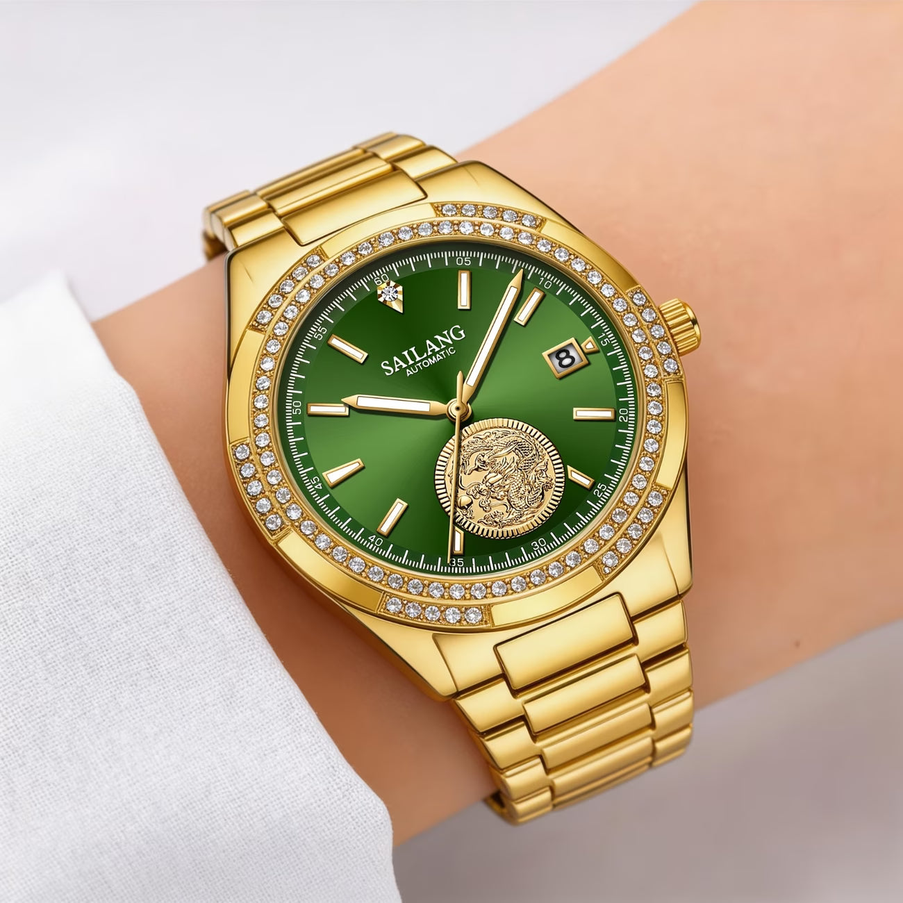 Montre à remontage automatique pour femmes, montre à main dorée, cadran vert avec dragon doré en relief, indicateur de date, en acier inoxydable doré, montre de luxe pour affaires