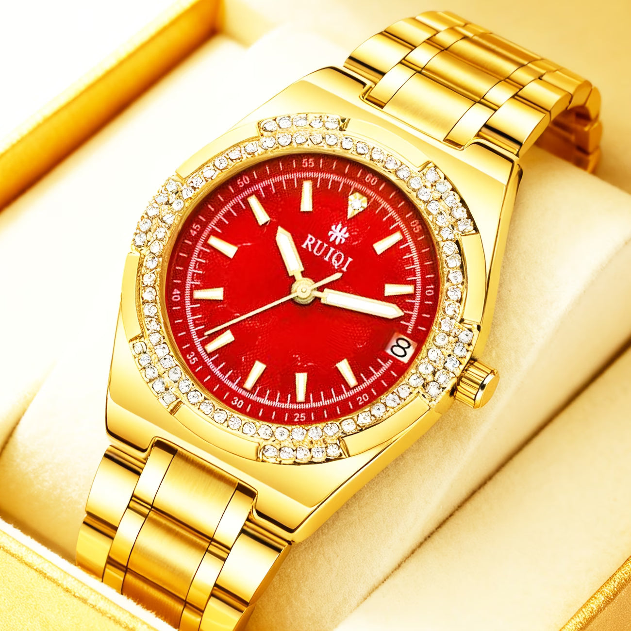 Montre mécanique exquise pour femmes avec cadran rouge éblouissant et plaqué or