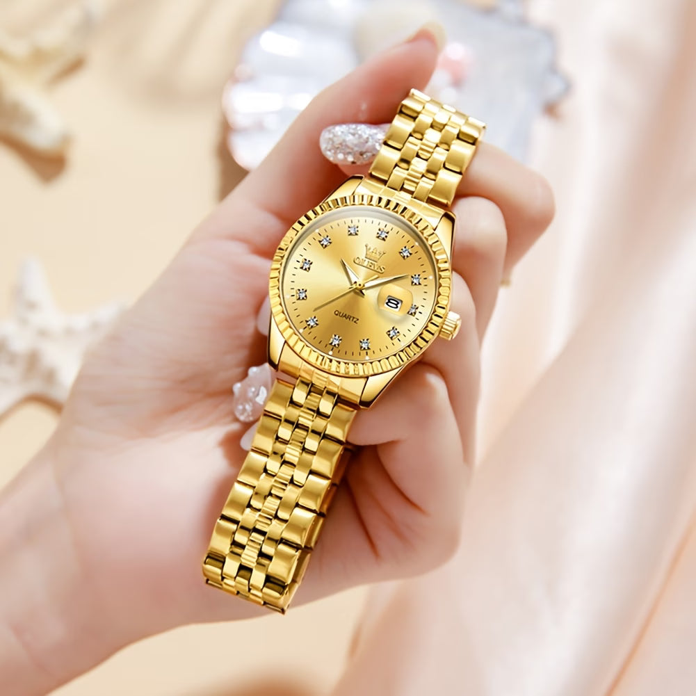 Montre pour femmes, Montre analogique à quartz pour femmes, montre élégante en acier inoxydable, montre lumineuse avec date et calendrier, montre romantique pour femme, cadran noir/blanc/argenté