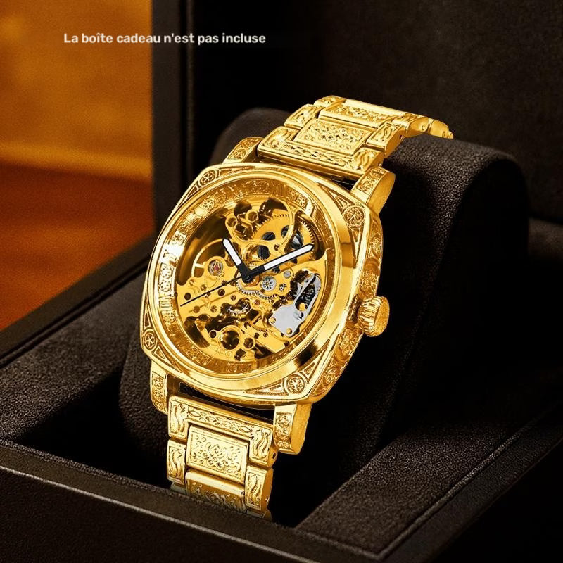 Montre mécanique automatique pour homme, style business polyvalent, bracelet en acier jaune, finement gravée avec chiffres romains