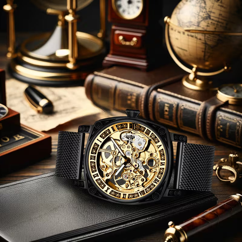 Montre mécanique tourbillon entièrement automatique à décorations sculptées, style facile, en maille noir pour homme, sans pile