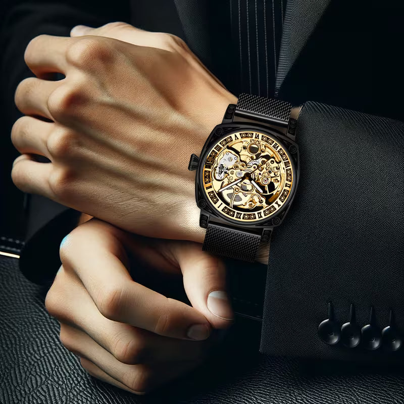 Montre mécanique tourbillon entièrement automatique à décorations sculptées, style facile, en maille noir pour homme, sans pile