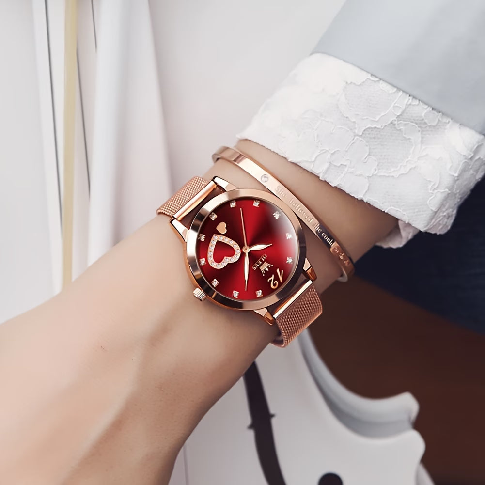 Montre Femme or rose doré avec strass, bracelet en maille, Coeurs Montres à quartz lumineuses pour femmes Montres-bracelets, Cadran noir/blanc/rouge/rose