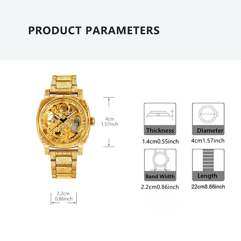 Montre mécanique automatique pour homme, style business polyvalent, bracelet en acier jaune, finement gravée avec chiffres romains