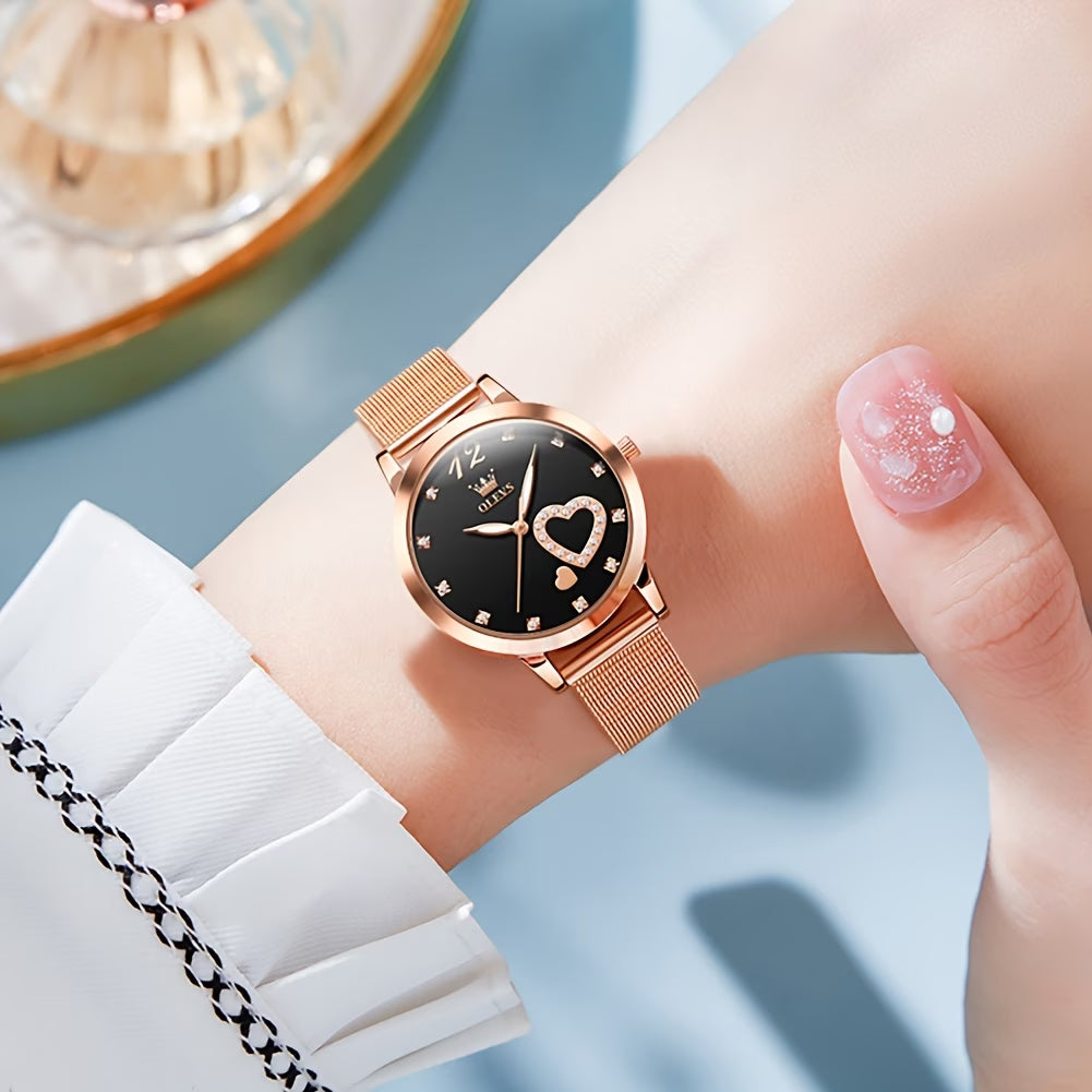 Montre Femme or rose doré avec strass, bracelet en maille, Coeurs Montres à quartz lumineuses pour femmes Montres-bracelets, Cadran noir/blanc/rouge/rose