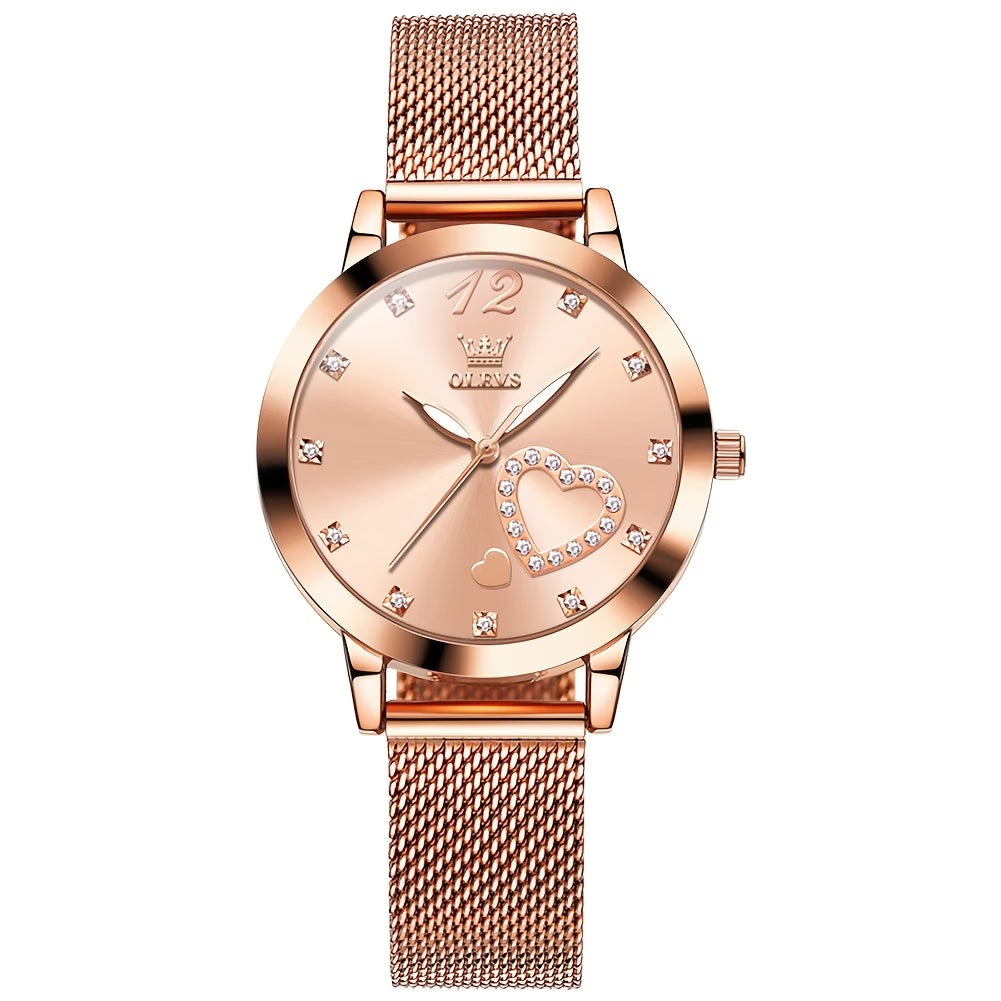 Montre Femme or rose doré avec strass, bracelet en maille, Coeurs Montres à quartz lumineuses pour femmes Montres-bracelets, Cadran noir/blanc/rouge/rose