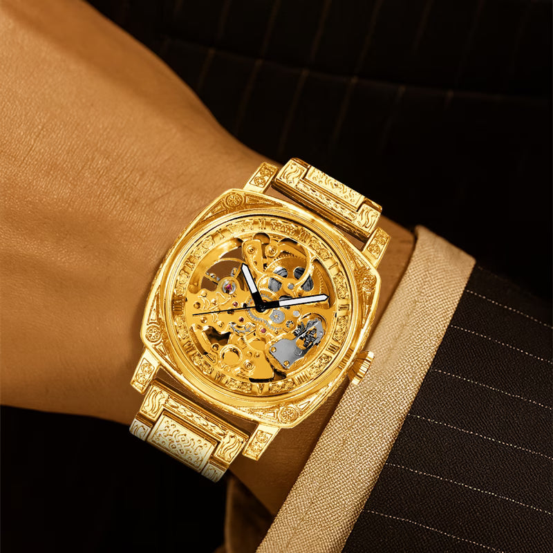 Montre mécanique automatique pour homme, style business polyvalent, bracelet en acier jaune, finement gravée avec chiffres romains