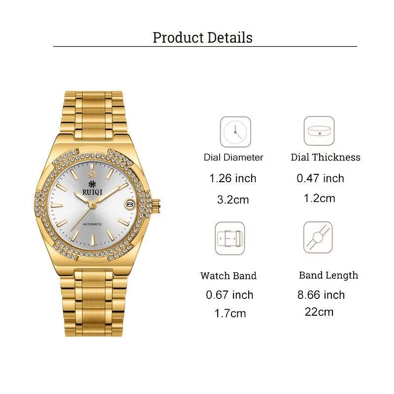 Montre à remontage automatique pour femmes, cadran argenté brossé, indicateur de date, doré en acier inoxydable, montre d'affaires élégante