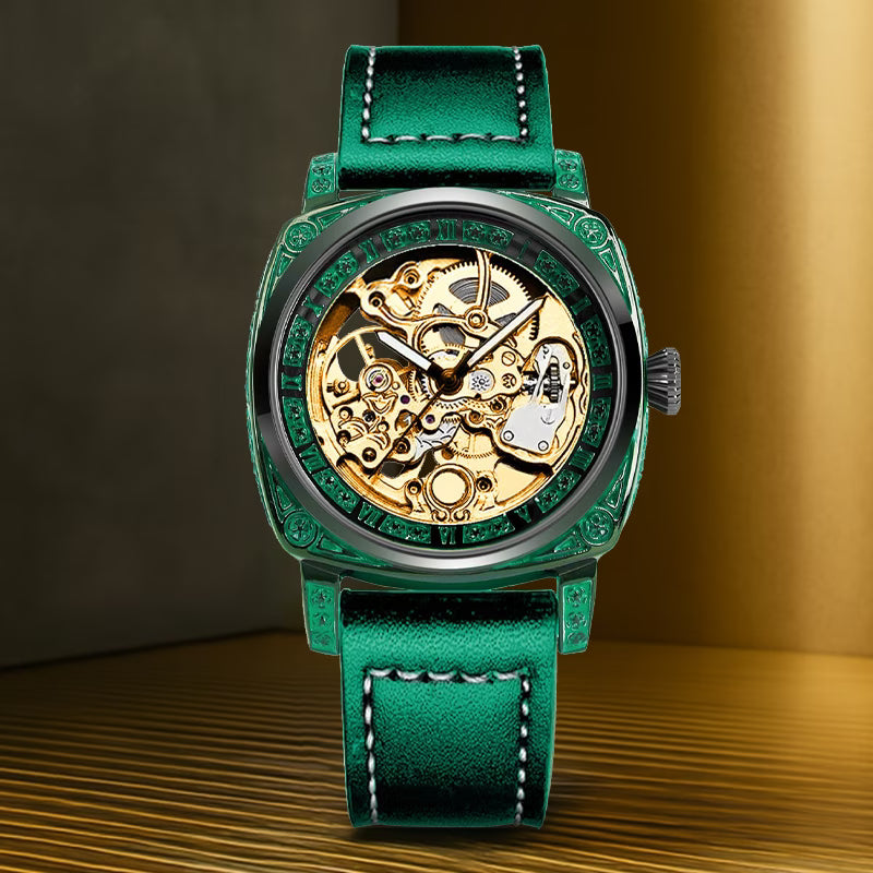 4 pièces Montre Mécanique Homme en PU & Coffret Cadeau avec Ceinture Assortie - Motif Sculpté Jaune-Vert (Bracelet, Collier, Bague)