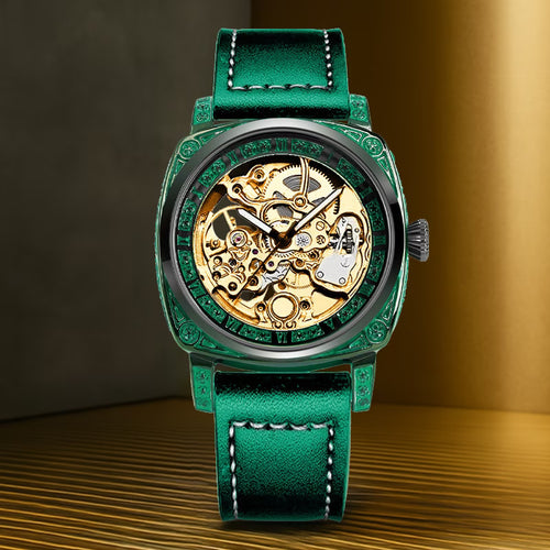4 pièces Montre Mécanique Homme en PU & Coffret Cadeau avec Ceinture Assortie - Motif Sculpté Jaune-Vert (Bracelet, Collier, Bague)