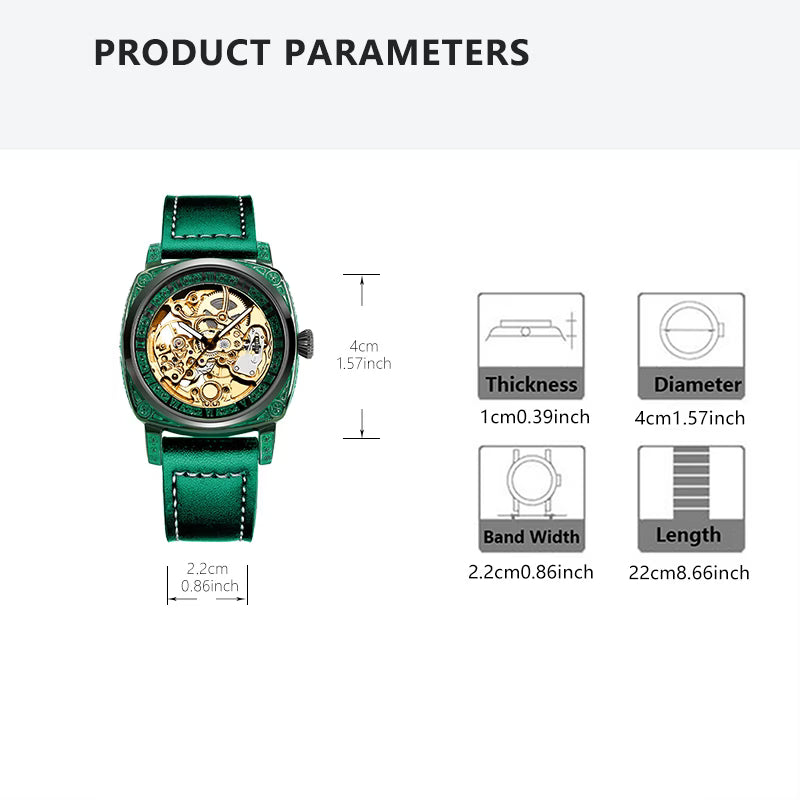4 pièces Montre Mécanique Homme en PU & Coffret Cadeau avec Ceinture Assortie - Motif Sculpté Jaune-Vert (Bracelet, Collier, Bague)
