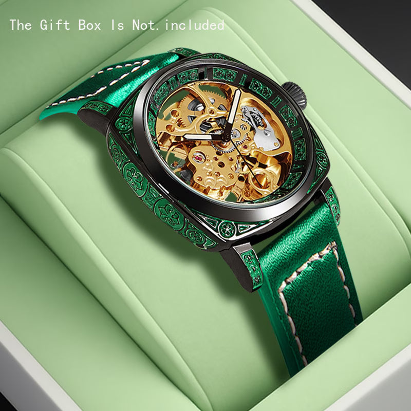 4 pièces Montre Mécanique Homme en PU & Coffret Cadeau avec Ceinture Assortie - Motif Sculpté Jaune-Vert (Bracelet, Collier, Bague)