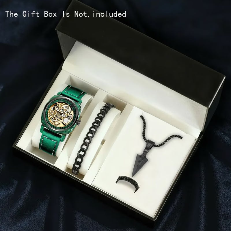 4 pièces Montre Mécanique Homme en PU & Coffret Cadeau avec Ceinture Assortie - Motif Sculpté Jaune-Vert (Bracelet, Collier, Bague)