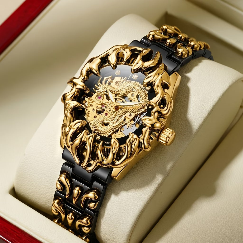 Montre mécanique automatique pour homme, squelette de dragon sculpté audacieux noir et jaune, avec bracelet, avec variantes