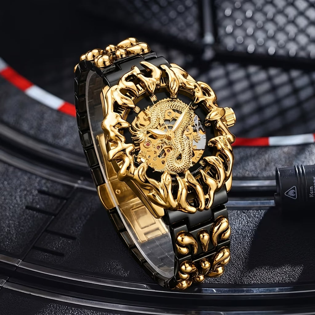 Montre mécanique automatique pour homme, squelette de dragon sculpté audacieux noir et jaune, avec bracelet, avec variantes