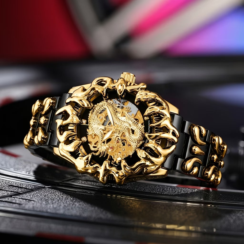 Montre mécanique automatique pour homme, squelette de dragon sculpté audacieux noir et jaune, avec bracelet, avec variantes