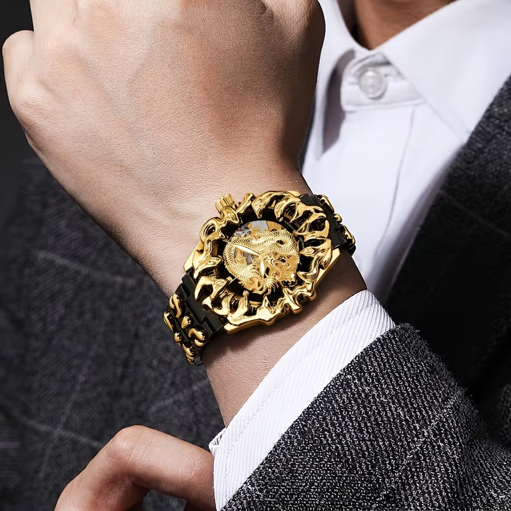 Montre mécanique automatique pour homme, squelette de dragon sculpté audacieux noir et jaune, avec bracelet, avec variantes