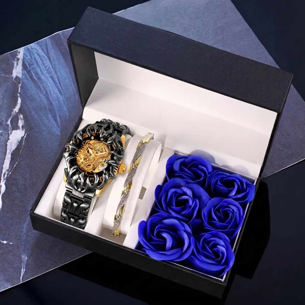 Magnifique montre mécanique automatiques, squelette de dragon sculpté noir et jaune (cadran noir), avec bracelet