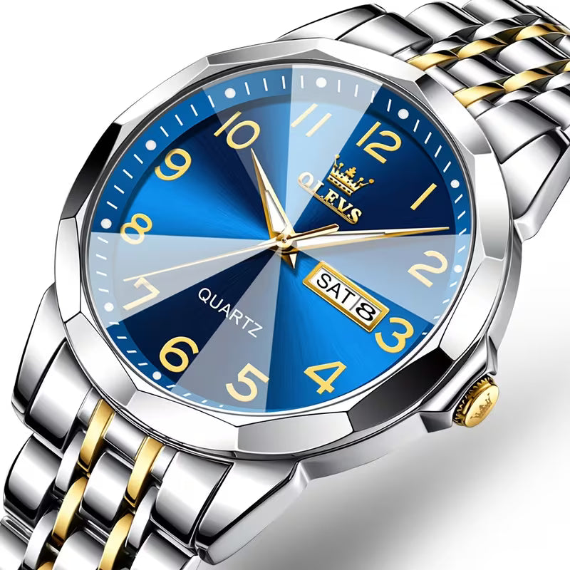 Montre Lumineuse Homme OLEVS avec Date - Affichage Analogique/Numérique, Aiguilles Lumineuses & Indicateur de Date, Montre Minimaliste en Acier Inoxydable pour Affaires ou Tenue Décontractée - Cadran Bleu/Noir/Blanc, Cadeau de Noël Idéal pour Hommes