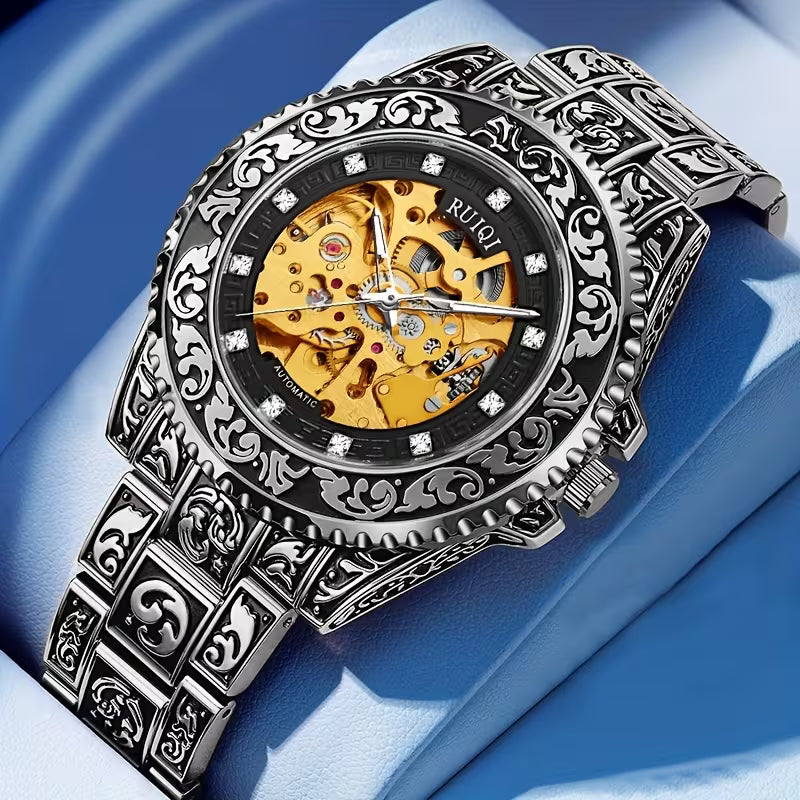 Montre- mécanique automatique de luxe pour hommes en acier inoxydable - Cadran rond avec design sculpté - Mouvement à remontage automatique de style affaires, pas de pile requise, montre de sport, accessoire élégant
