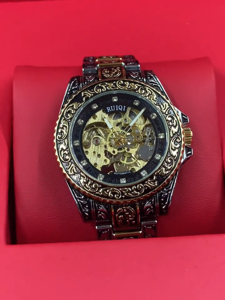 Montre- mécanique automatique de luxe pour hommes en acier inoxydable - Cadran rond avec design sculpté - Mouvement à remontage automatique de style affaires, pas de pile requise, montre de sport, accessoire élégant