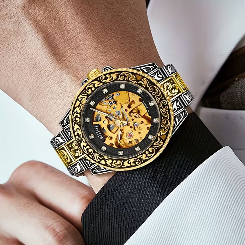 Montre- mécanique automatique de luxe pour hommes en acier inoxydable - Cadran rond avec design sculpté - Mouvement à remontage automatique de style affaires, pas de pile requise, montre de sport, accessoire élégant