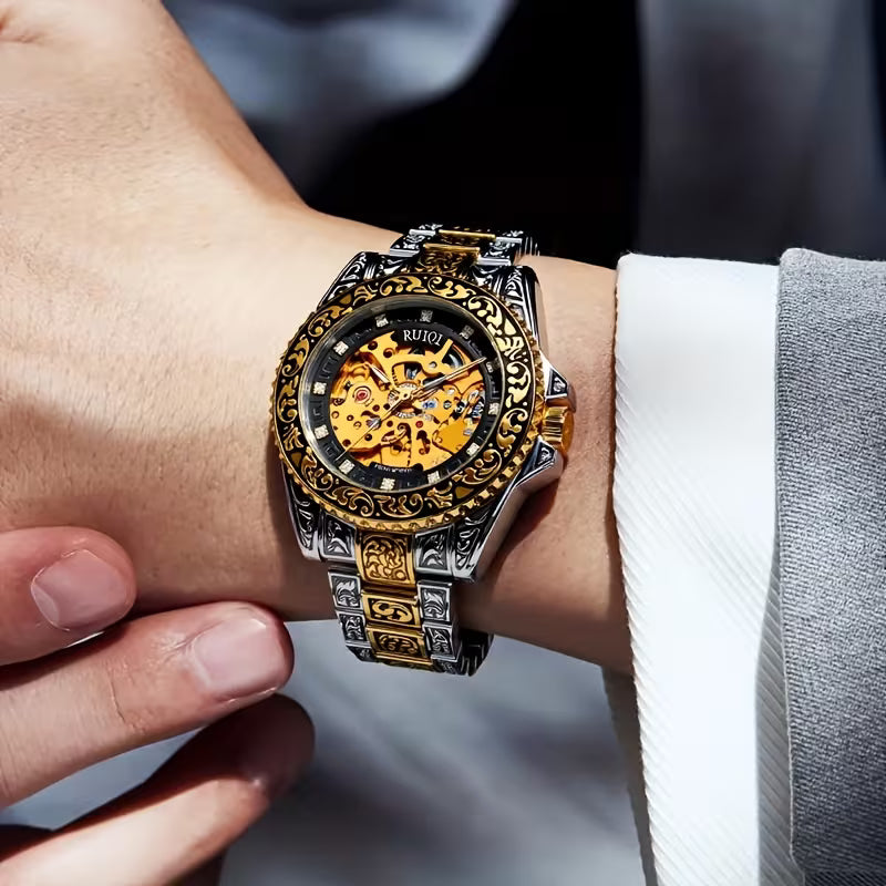 Montre- mécanique automatique de luxe pour hommes en acier inoxydable - Cadran rond avec design sculpté - Mouvement à remontage automatique de style affaires, pas de pile requise, montre de sport, accessoire élégant