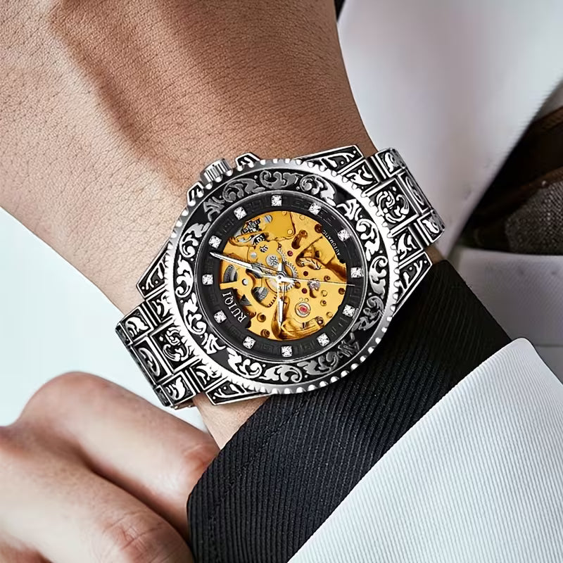 Montre- mécanique automatique de luxe pour hommes en acier inoxydable - Cadran rond avec design sculpté - Mouvement à remontage automatique de style affaires, pas de pile requise, montre de sport, accessoire élégant