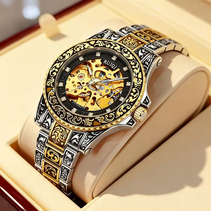 Montre- mécanique automatique de luxe pour hommes en acier inoxydable - Cadran rond avec design sculpté - Mouvement à remontage automatique de style affaires, pas de pile requise, montre de sport, accessoire élégant