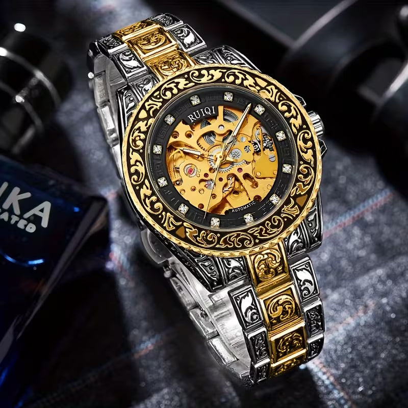 Montre- mécanique automatique de luxe pour hommes en acier inoxydable - Cadran rond avec design sculpté - Mouvement à remontage automatique de style affaires, pas de pile requise, montre de sport, accessoire élégant