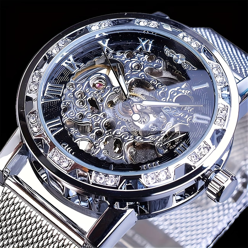 Montre mécanique élégante pour hommes avec strass et en maille ajourée, sans pile, variante en noire, dorée et argentée