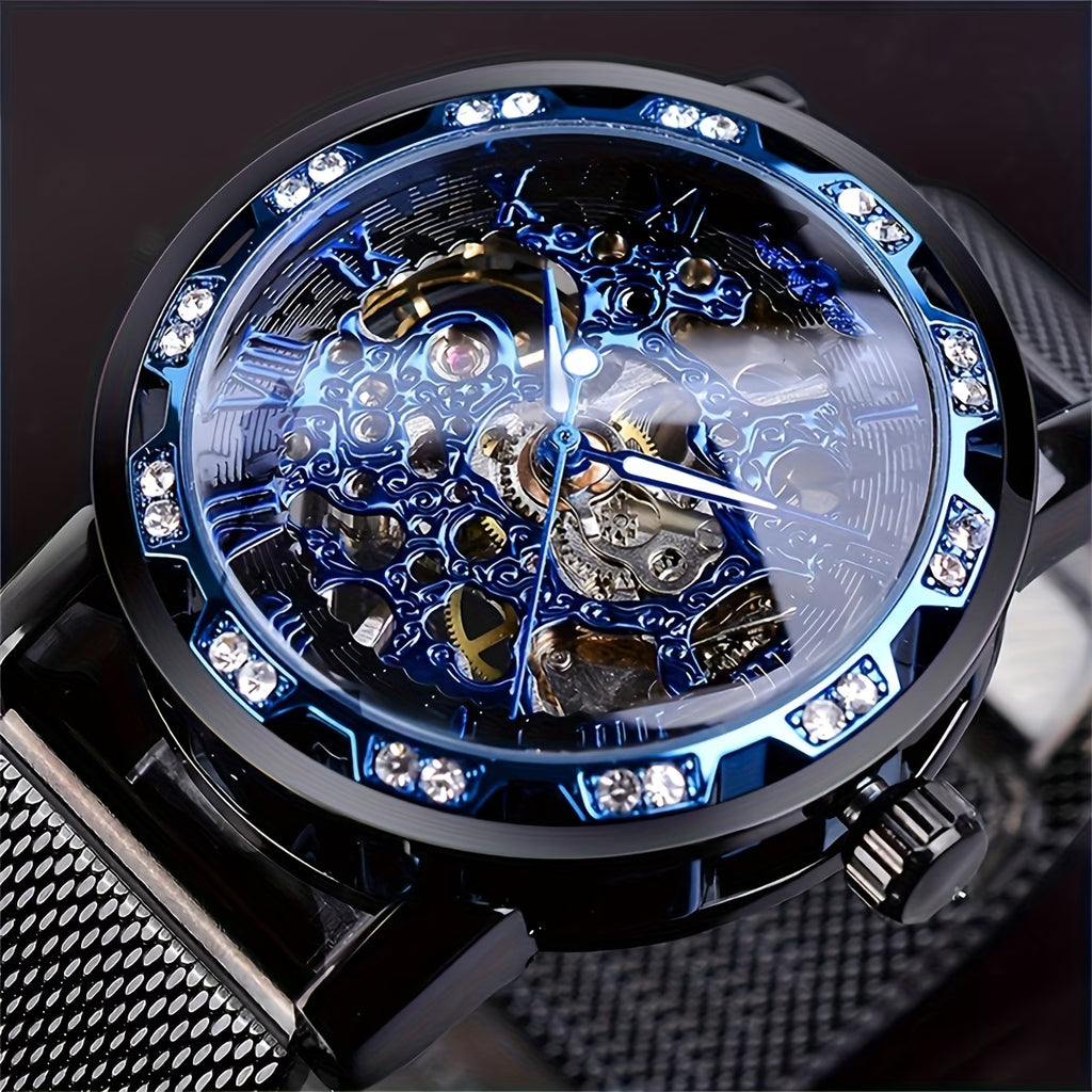 Montre mécanique élégante pour hommes avec strass et en maille ajourée, sans pile, variante en noire, dorée et argentée