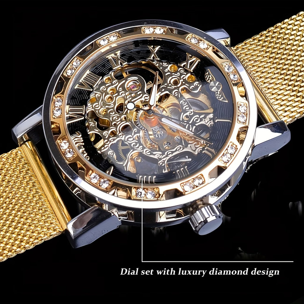 Montre mécanique élégante pour hommes avec strass et en maille ajourée, sans pile, variante en noire, dorée et argentée