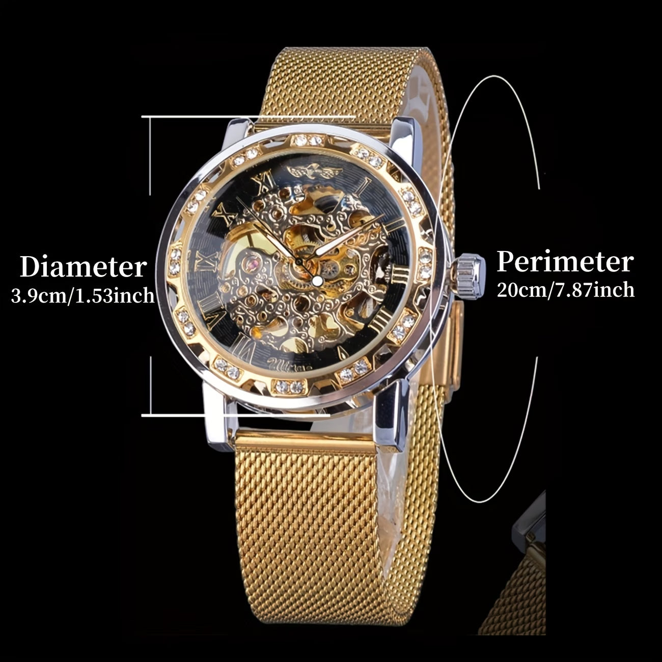 Montre mécanique élégante pour hommes avec strass et en maille ajourée, sans pile, variante en noire, dorée et argentée