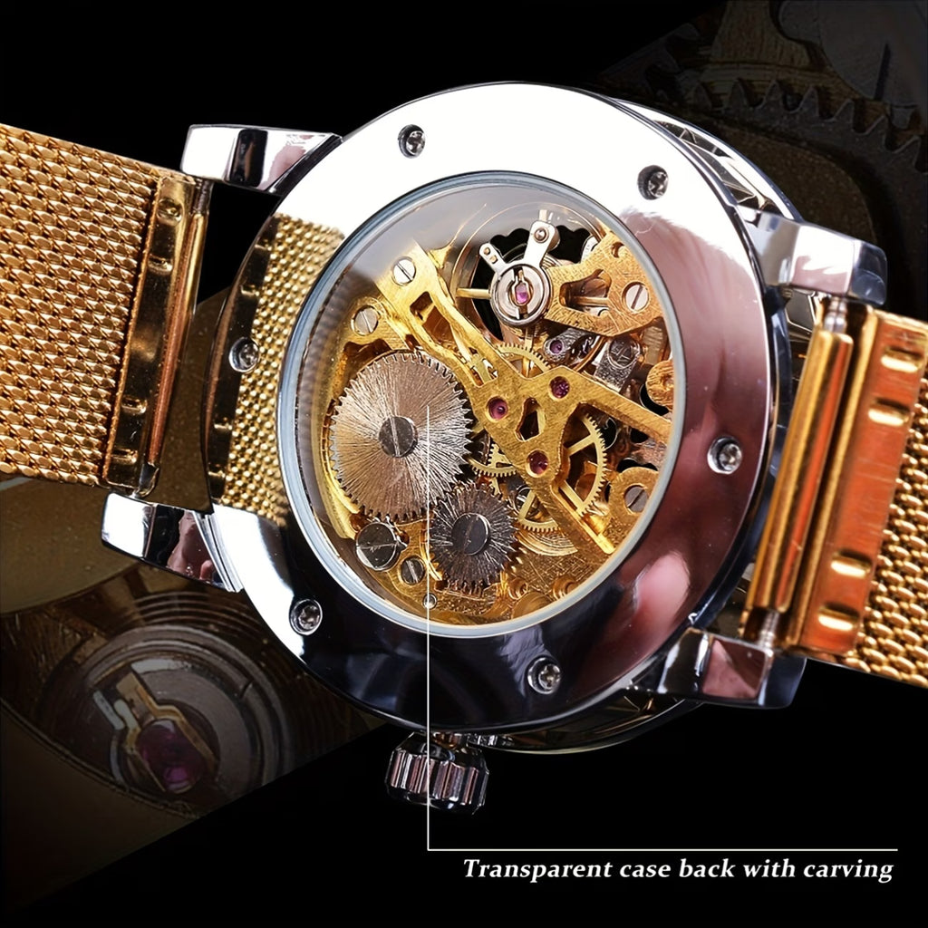 Montre mécanique élégante pour hommes avec strass et en maille ajourée, sans pile, variante en noire, dorée et argentée