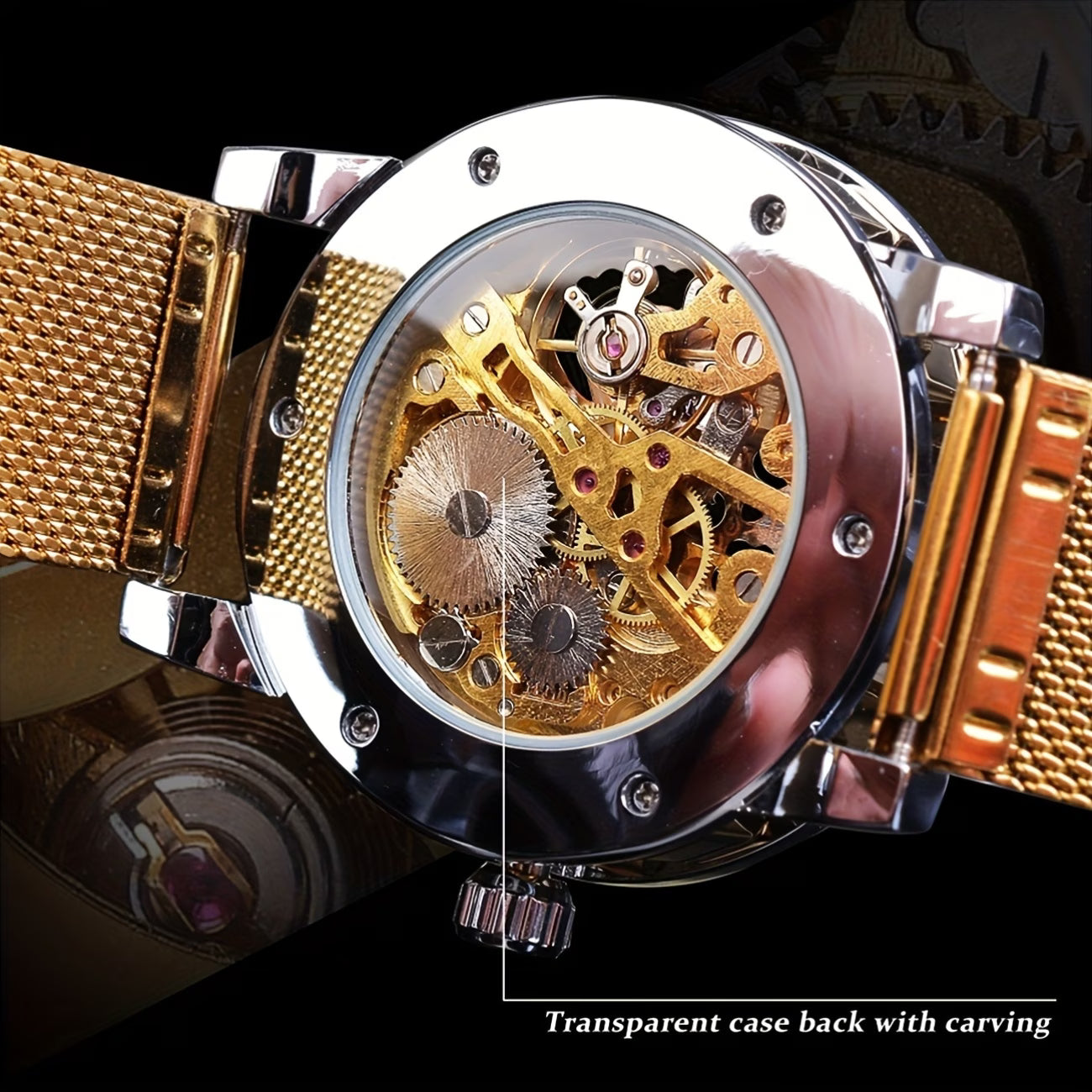 Montre mécanique élégante pour hommes avec strass et en maille ajourée, sans pile, variante en noire, dorée et argentée