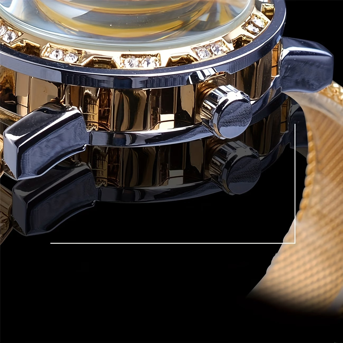 Montre mécanique élégante pour hommes avec strass et en maille ajourée, sans pile, variante en noire, dorée et argentée