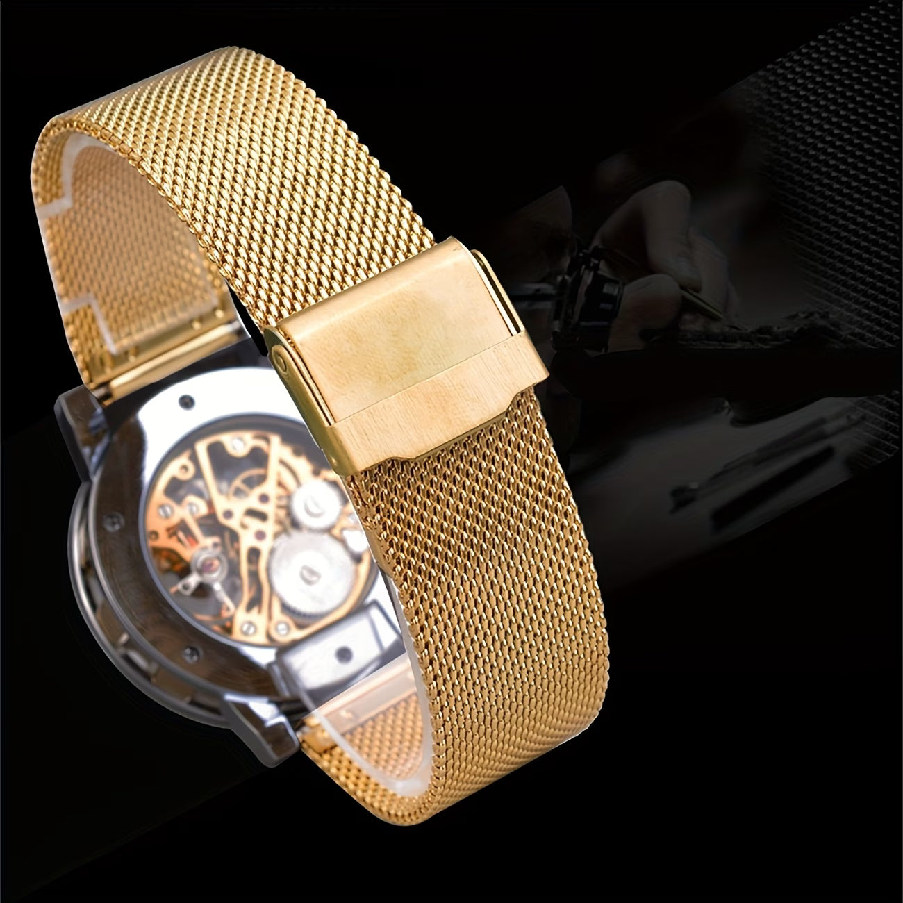 Montre mécanique élégante pour hommes avec strass et en maille ajourée, sans pile, variante en noire, dorée et argentée