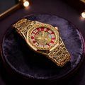 Montre Mécanique Polygonale Automatique pour Homme, Style Rétro Noble avec Motif Sculpté, Jaune et Rouge