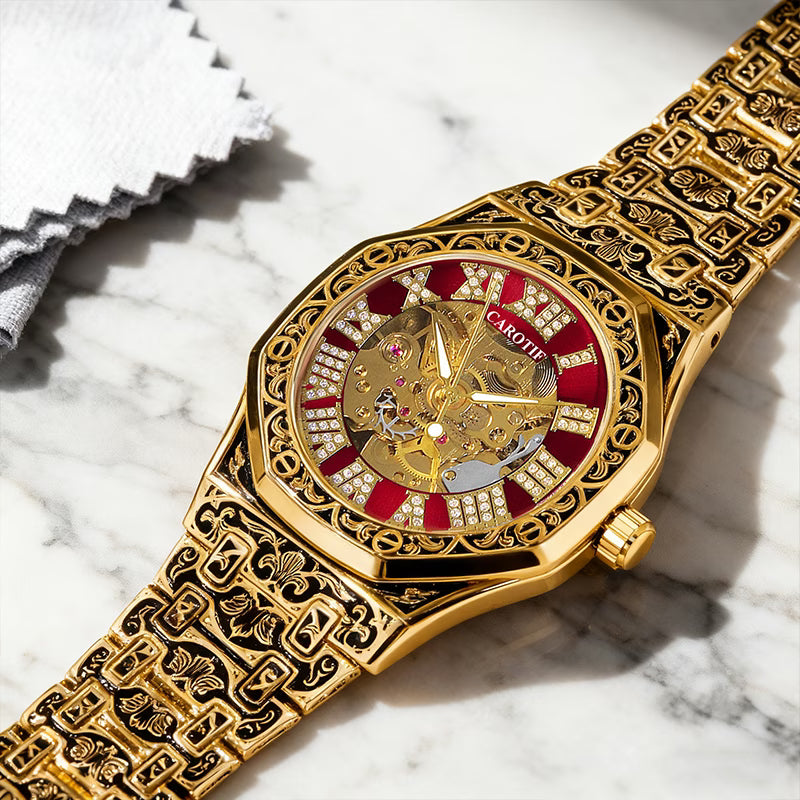 Montre Mécanique Polygonale Automatique pour Homme, Style Rétro Noble avec Motif Sculpté, Jaune et Rouge