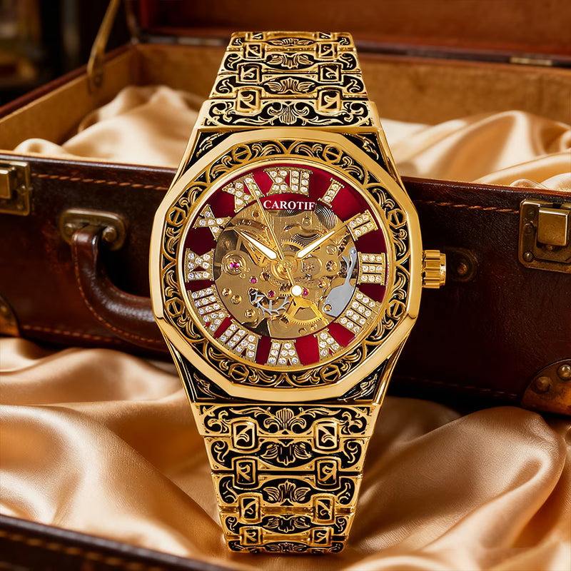 Montre Mécanique Polygonale Automatique pour Homme, Style Rétro Noble avec Motif Sculpté, Jaune et Rouge