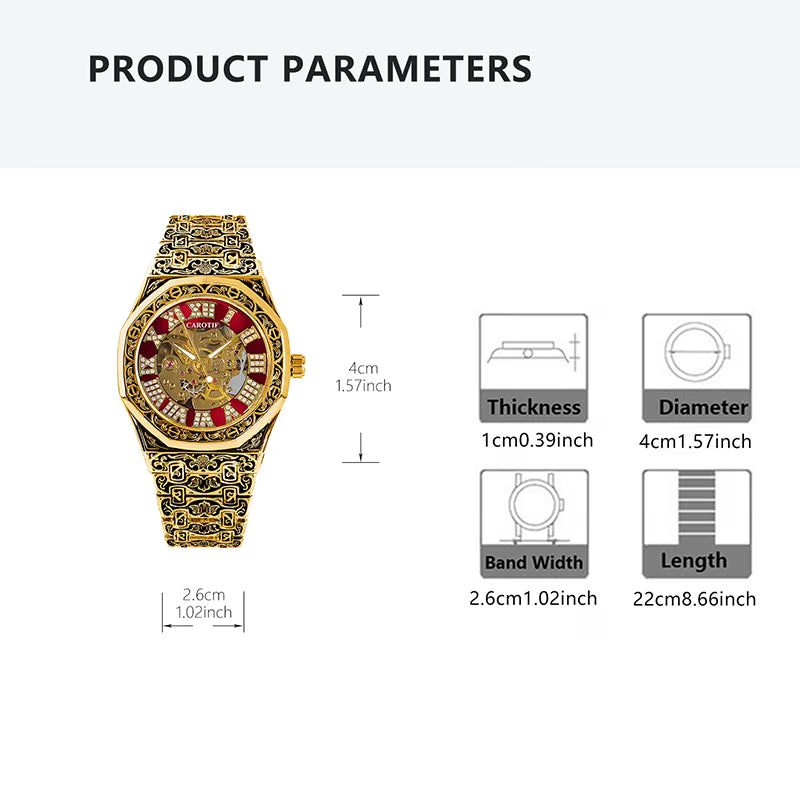 Montre Mécanique Polygonale Automatique pour Homme, Style Rétro Noble avec Motif Sculpté, Jaune et Rouge